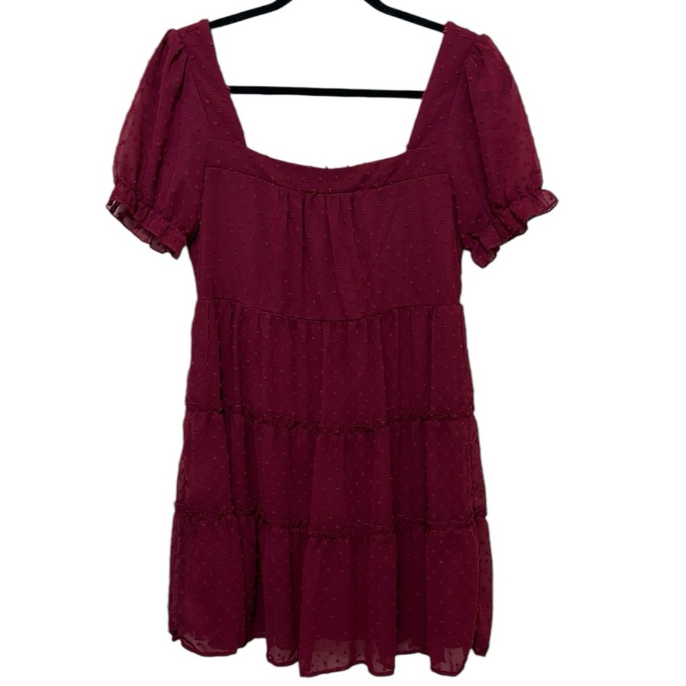 Trixxi Burgundy Puff Sleeve Square Neck Mini Dress With Dot Detailing. Size M